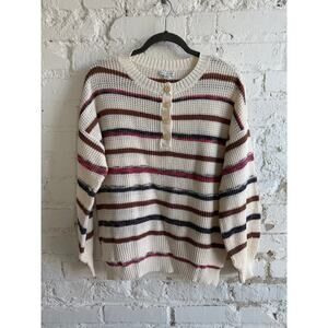 American Eagle Striped Waffle Knit Henley Sweater Cream Brown Size S Oversized